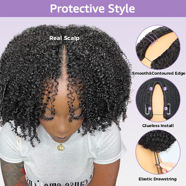 Deep Wave Elastic Drawstring Natural Scalp Glueless V Part Wig Natural Black