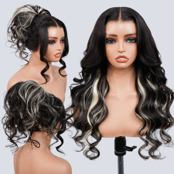 OQ HAIR Black Blonde Skunk Stripe Layered Body Wave Glueless Wig With Face-Framing Curtain Bangs Pre-Cut 13x6 Lace Adjustable Drawstring Wear Go Wig