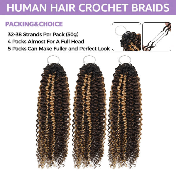 OQ HAIR Black Roots Highlight Brown Kinky Curly Crochet Human Hair Shed-Free Easy Install