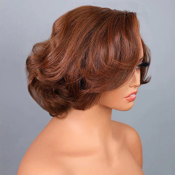 OQ HAIR Brown Color Straight Blow Out Hair Cut Bob Wig Wear Go Glueless Wig