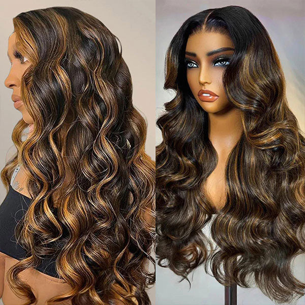 OQ HAIR Highlight Balayage Color Body Wave Glueless Wig Pre-cut 9x6 T Part Lace Wear Go Wig With Smart Clips