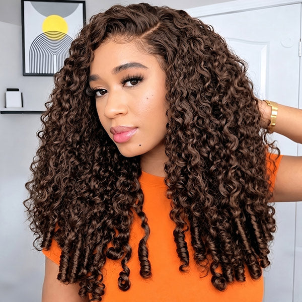 OQ HAIR Chocolate Brown #4 Color Glueless Burmese Curly Wig Snug Fit Wear Go Wig With Drawstring