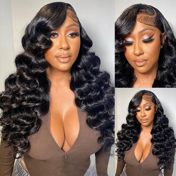 Brazilian Virgin Loose Wave Human Hair Pre plucked Lace Front Wigs Natural Black