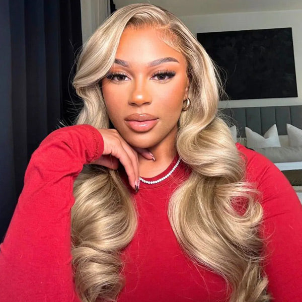 OQ HAIR Ash Blonde Honey Highlight Color Body Wave Pre-Cut 7x5 Lace Wig Pre Plucked Wear Go Glueless Wig Human Hair