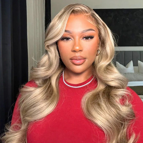 OQ HAIR Ash Blonde Honey Highlight Color Body Wave Pre-Cut 7x5 Lace Wig Pre Plucked Wear Go Glueless Wig Human Hair
