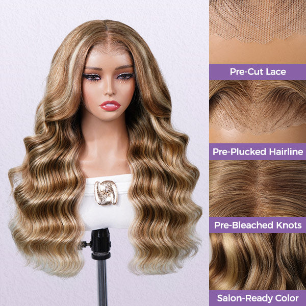 OQ HAIR Ash Blonde Honey Highlight Color Body Wave Pre-Cut 7x5 Lace Wig Pre Plucked Wear Go Glueless Wig Human Hair