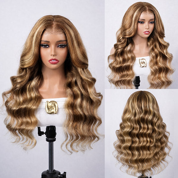 OQ HAIR Ash Blonde Honey Highlight Color Body Wave Pre-Cut 7x5 Lace Wig Pre Plucked Wear Go Glueless Wig Human Hair