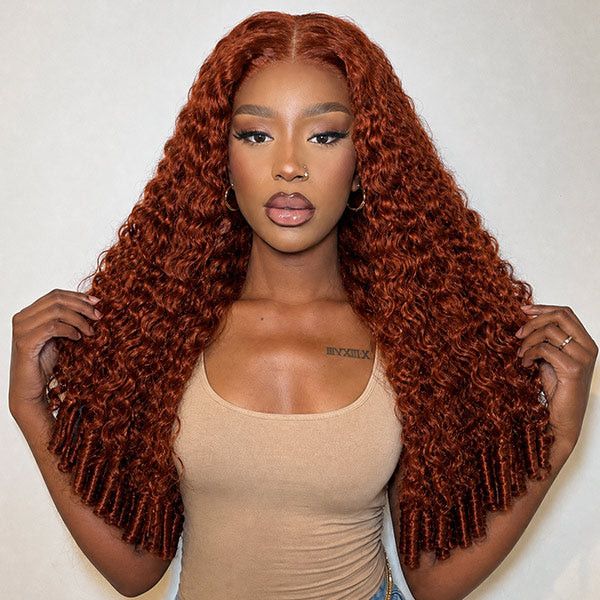 Burmese Curly Burnt Orange Color Wear Go Wig Pre Cut Lace Drawstring Wig Snug Fit Glueless Wig