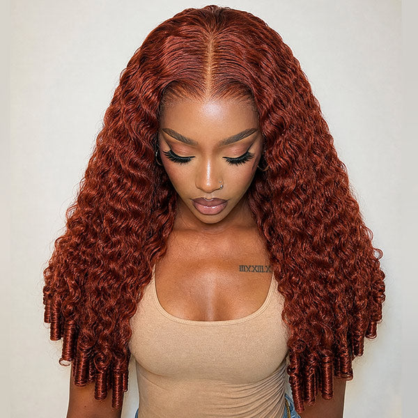 Burmese Curly Burnt Orange Color Wear Go Wig Pre Cut Lace Drawstring Wig Snug Fit Glueless Wig