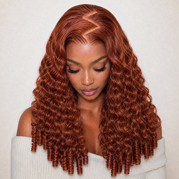 Burmese Curly Burnt Orange Color Wear Go Wig Pre Cut Lace Drawstring Wig Snug Fit Glueless Wig