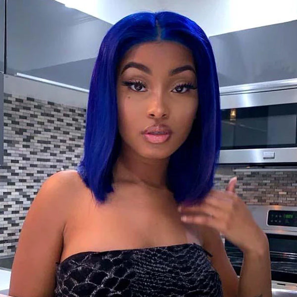 Straight Blue/Purple Bob Wigs Human Virgin Hair Preplucked Lace Front Wigs