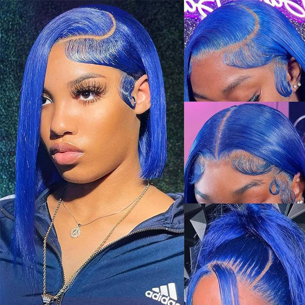 Straight Blue/Purple Bob Wigs Human Virgin Hair Preplucked Lace Front Wigs