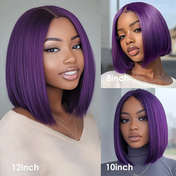 Straight Blue/Purple Bob Wigs Human Virgin Hair Preplucked Lace Front Wigs