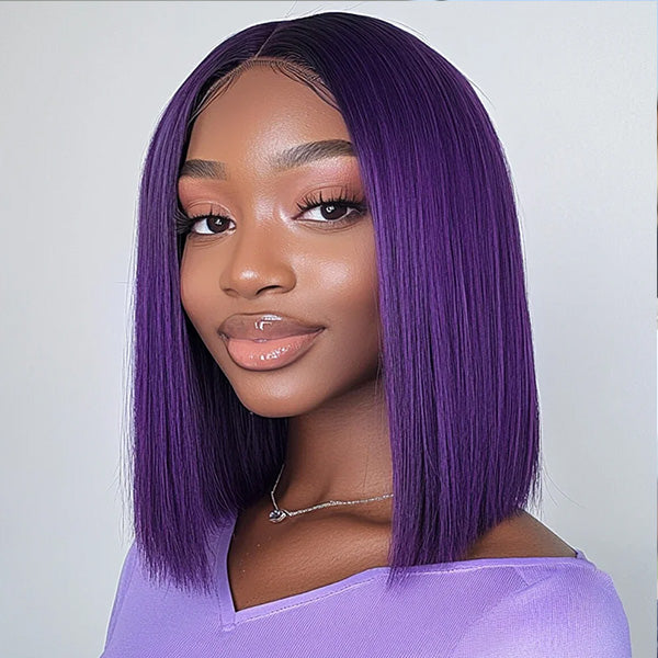 Straight Blue/Purple Bob Wigs Human Virgin Hair Preplucked Lace Front Wigs