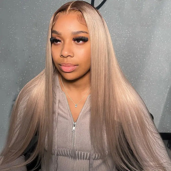OQ Hair Straight Glueless Ombre Ash Blonde With Brown Roots 7x5 Lace Closure Wig Colored Lace Front Wigs 220% Denisty