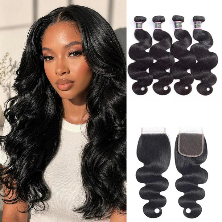 Gorgeous Body Wave Human Hair 4 Bundles with 4*4 Lace Clsoure Natural Black