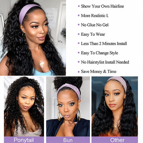 OQ HAIR Curly Wave Headband Wig Human Hair Brazilian Deep Wave Machine Made Wigs With Head Band No Glue Scarf Wig