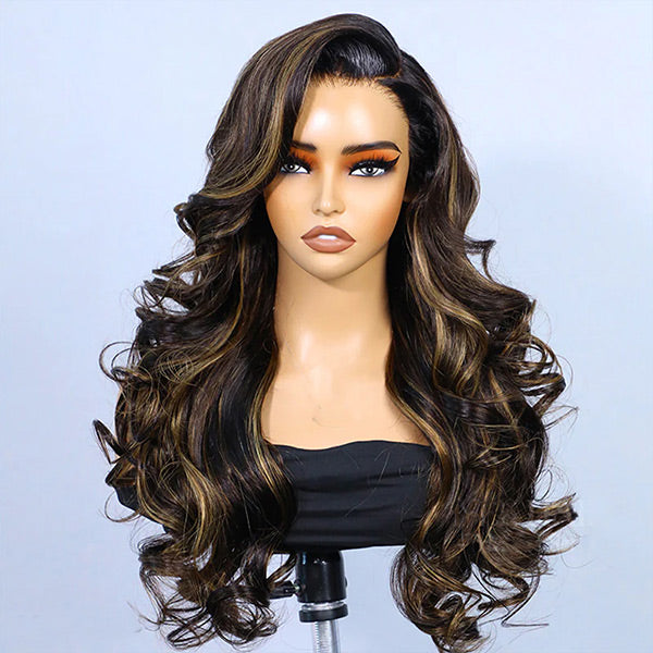 24h Ship Out | OQ HAIR Butterfly Pre-Styled Balayage Brown Color Layered Body Wave Adjustable Drawstring Wear Go Glueless Wig With Bleached Knots