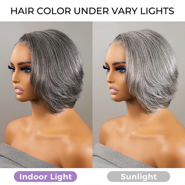 OQ HAIR Salt And Pepper Layered Bob Wear Go Glueless Wig Pre-Cut C-Shaped 7x5 Lace Flexible Fit Drawstring