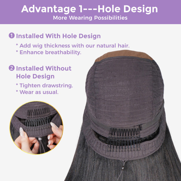 OQ HAIR Glueless Yaki Straight FreedoorM Wig Back Hole Design Pre-Cut 9x6 Skin Lace Wear Go Wig With Adjustable Fit Drawstring