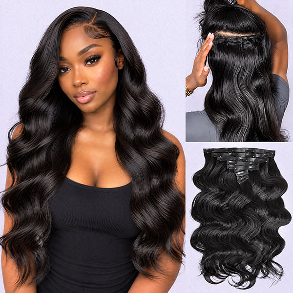 OQ HAIR Body Wave Natural Black Seamless Blend Remy Clip In Hair Extensions