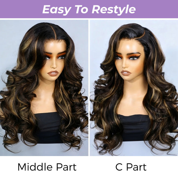 24h Ship Out | OQ HAIR Butterfly Pre-Styled Balayage Brown Color Layered Body Wave Adjustable Drawstring Wear Go Glueless Wig With Bleached Knots
