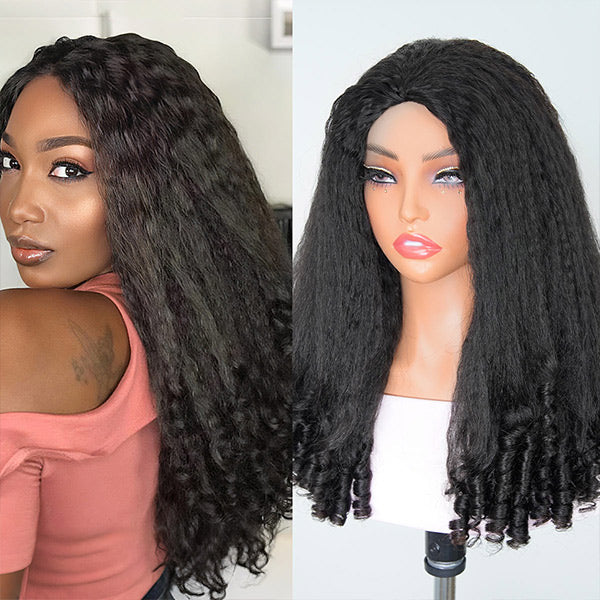 3 In 1 Half Wig | Glueless Kinky Straight Burmese Curl Elastic Drawstring Wear Go Half Wig With Yaki Spiral Curls