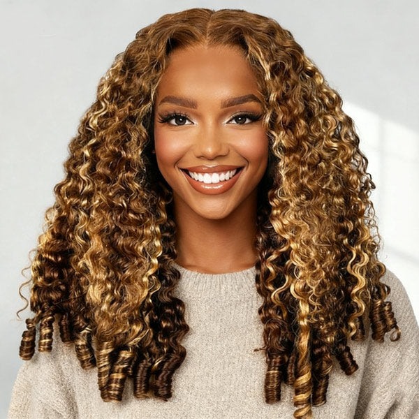 OQ HAIR Burmese Curly Glueless Wig 4/27 Highlight Color Pre Cut 9x6 Lace Elastic Drawstring Wear Go Wig