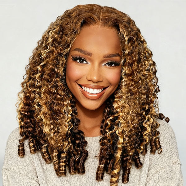 OQ HAIR Burmese Curly Glueless Wig 4/27 Highlight Color Pre Cut 9x6 Lace Elastic Drawstring Wear Go Wig