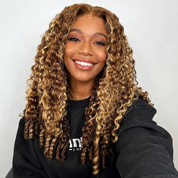 OQ HAIR Burmese Curly Glueless Wig 4/27 Highlight Color Pre Cut 9x6 Lace Elastic Drawstring Wear Go Wig