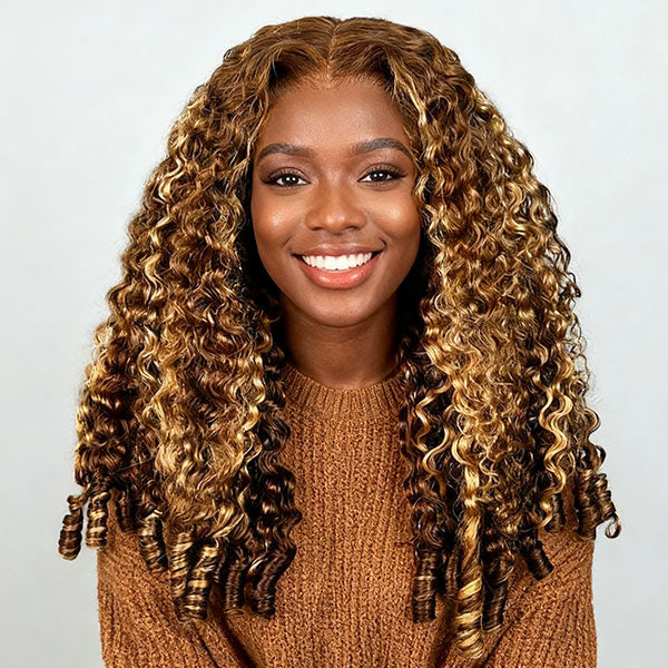 OQ HAIR Glueless Burmese Curly Highlight 4/27 Color Snug Fit Drawstring Wear Go Wig For Instant Glam