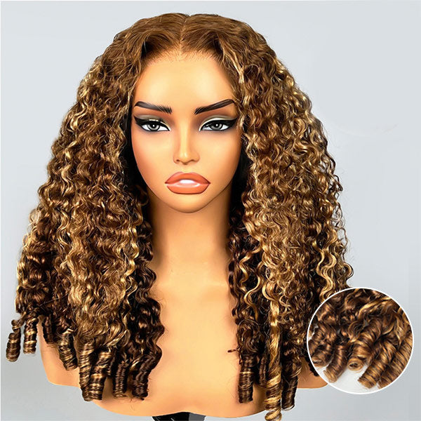 OQ HAIR Glueless Burmese Curly Highlight 4/27 Color Snug Fit Drawstring Wear Go Wig For Instant Glam