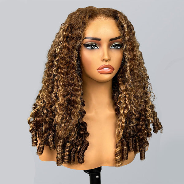 OQ HAIR Glueless Burmese Curly Highlight 4/27 Color Snug Fit Drawstring Wear Go Wig For Instant Glam