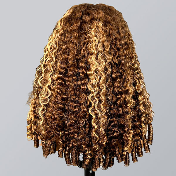 OQ HAIR Glueless Burmese Curly Highlight 4/27 Color Snug Fit Drawstring Wear Go Wig For Instant Glam