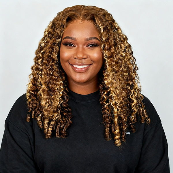 3 In 1 Half Wig | Burmese Curly Highlight 4/27 Color Wear Go Half Wig With Elastic Drawstring Flip Over Wig