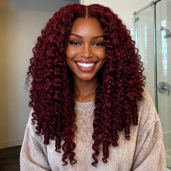 OQ HAIR Burgundy 99J Color Burmese Curly Glueless Wig Pre Cut 9x6 Lace Snug Fit Drawstring Wear Go Wig