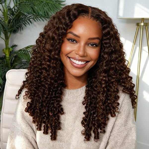 OQ HAIR Burmese Curly Glueless Wig Chocolate Brown Color Pre Cut 9x6 Lace Wear Go Wig With Elastic Drawstring