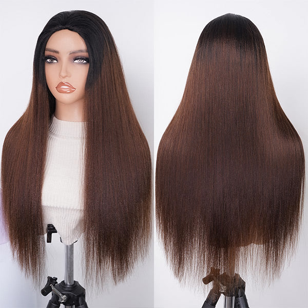 3-In-1 Half Wig | Glueless Yaki Straight Black To Brown Ombre Color Wear Go Half Wig With Elatic Drawstring