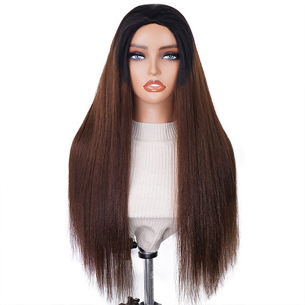 3-In-1 Half Wig | Glueless Yaki Straight Black To Brown Ombre Color Wear Go Half Wig With Elatic Drawstring
