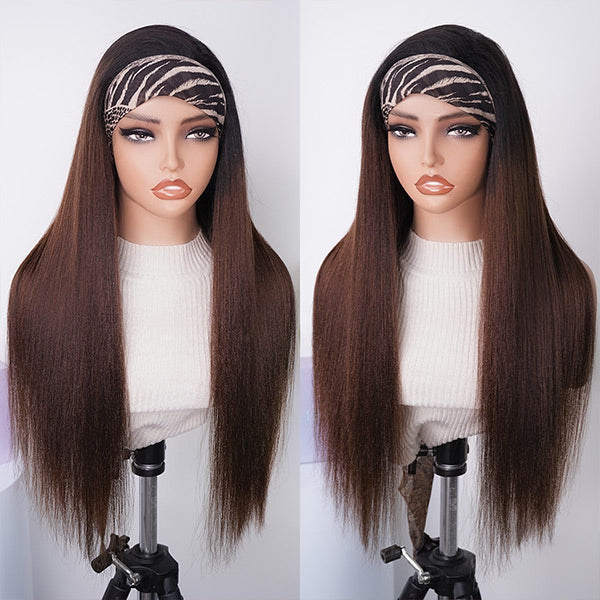 3-In-1 Half Wig | Glueless Yaki Straight Black To Brown Ombre Color Wear Go Half Wig With Elatic Drawstring
