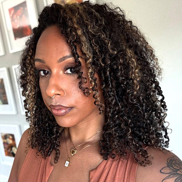 3 In 1 Half Wig | Kinky Curly Black Wig With Golden Brown Glueless Wear Go Half Wig With Drawstring