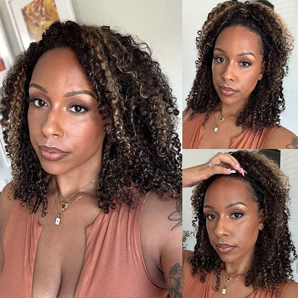 3 In 1 Half Wig | Kinky Curly Black Wig With Golden Brown Glueless Wear Go Half Wig With Drawstring