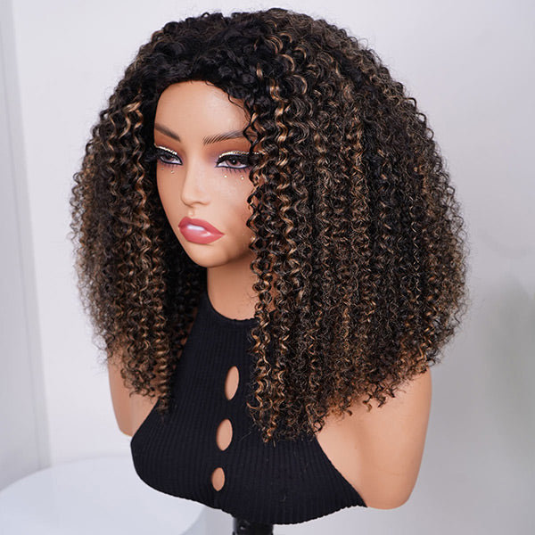 3 In 1 Half Wig | Kinky Curly Black Wig With Golden Brown Glueless Wear Go Half Wig With Drawstring