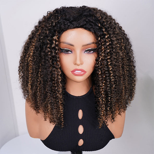 3 In 1 Half Wig | Kinky Curly Black Wig With Golden Brown Glueless Wear Go Half Wig With Drawstring