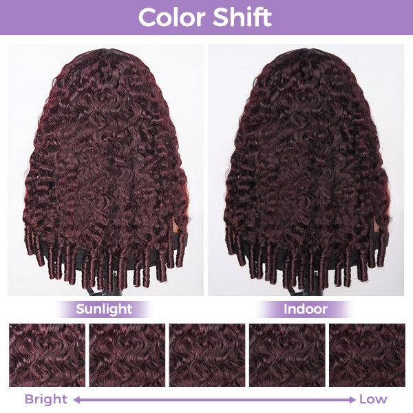 Burmese Curly Dark Plum Color Wear Go Wig Human Hair Pre Plucked Adjustable Drawstring Glueless Wigs