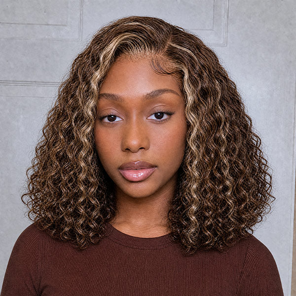 OQ HAIR Water Wave Bob Wig Blonde Highlight Brown Pre-cut 7x5 Lace Wear Go Glueless Wig With Drawstring