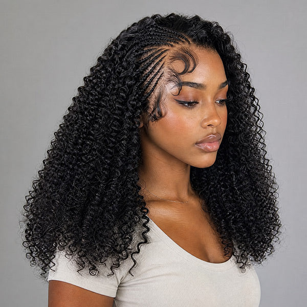 OQ HAIR Side Braided Kinky Curly Glueless Pre-Cut 13x4 HD Lace Frontal Wig With Baby Hair