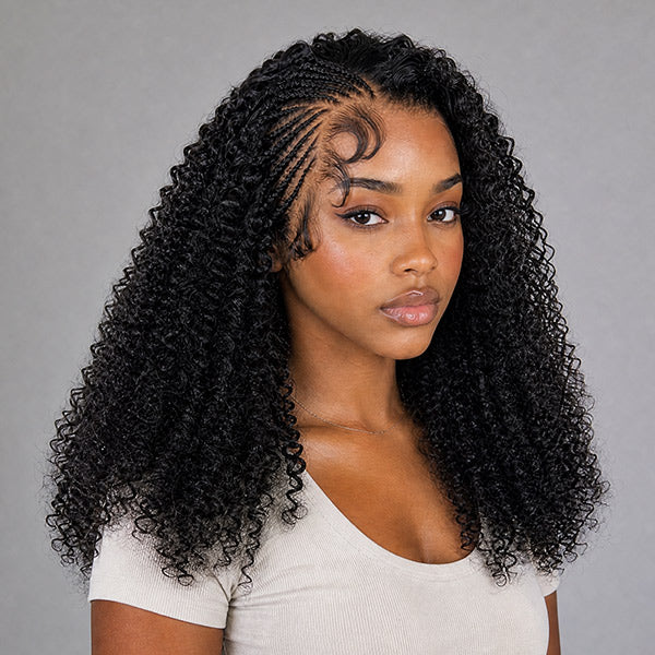 OQ HAIR Side Braided Kinky Curly Glueless Pre-Cut 13x4 HD Lace Frontal Wig With Baby Hair