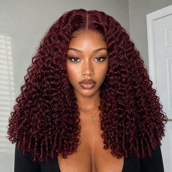 Burmese Curly Burgundy 99J Color Wear Go Wig Pre-cut 13x6 Lace Wig With Drawstring
