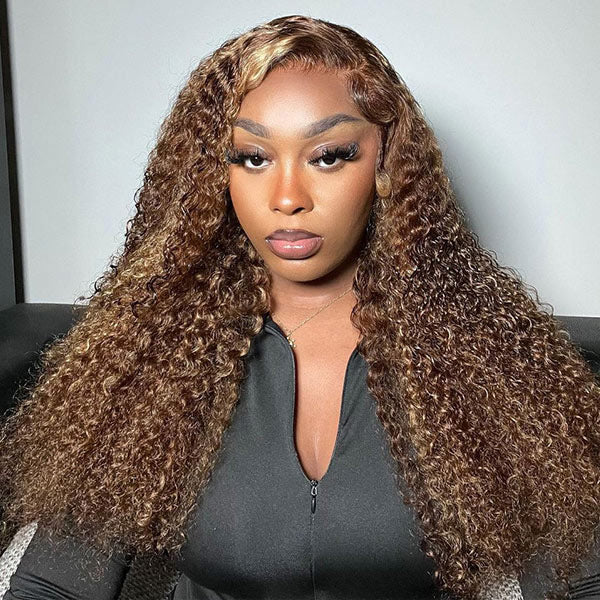 OQ HAIR M-cap Kinky Curly 4/27 Highlight Pre Cut 9x6 Lace Wear Go Glueless Wigs Invisible Knots Human Hair Wig